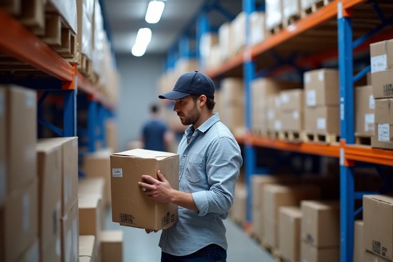 Operario preparando pedidos de e-commerce en un centro de fulfillment moderno en Barcelona.