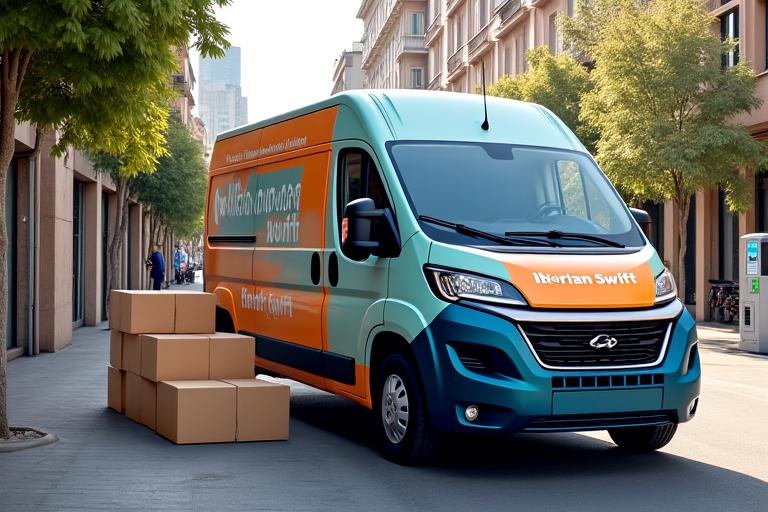 Furgoneta de reparto eléctrica de Iberian Swift junto a paquetes con packaging ecológico.