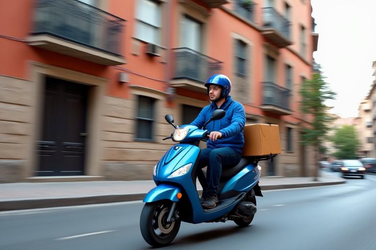 Repartidor en scooter realizando una entrega de última milla en una calle de Barcelona.